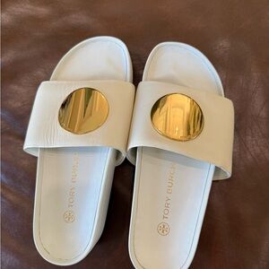 Tory Burch Cream Patos Sandals with Gold Disc